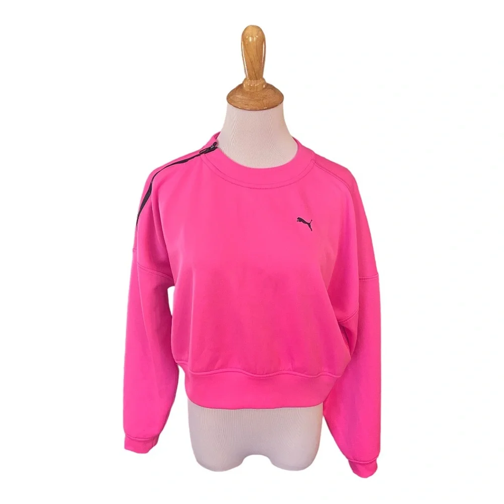 Puma hot pink cropped pullover sweatshirt with zipper detail SZ M workout lounge - Picture 1 of 6